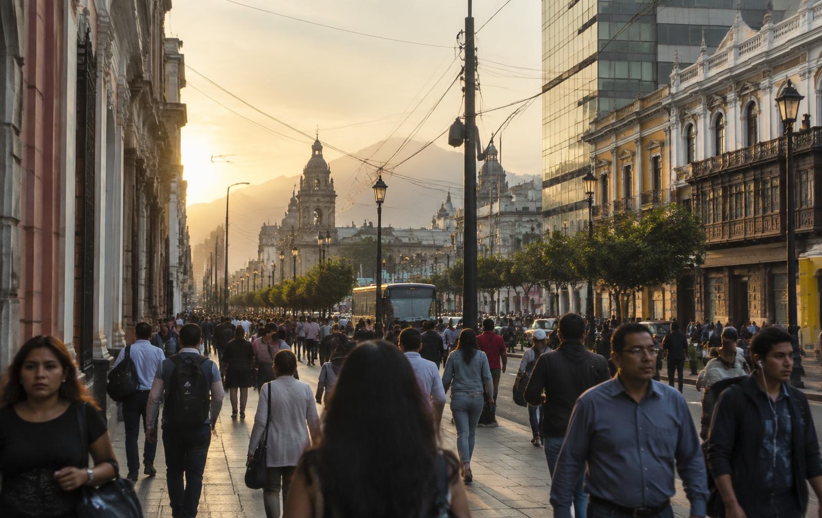 Avenida de una ciudad latinoamericana al atardecer con personas caminando